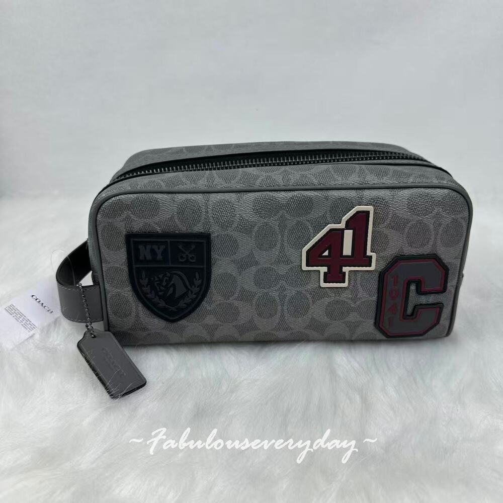 Coach Men's Large Travel Kit In Signature Canvas With Patches In Grey CCF36 NWT